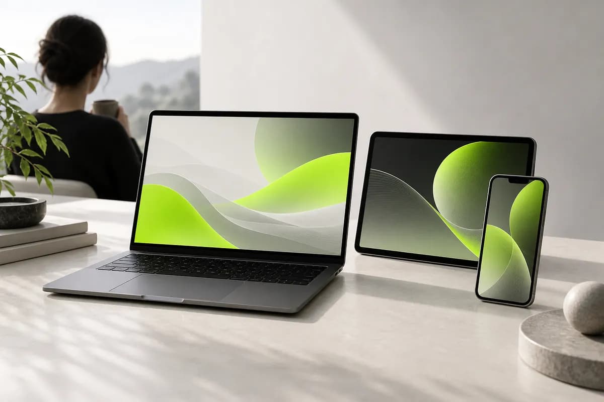 Vidione displayed as an abstract creative workspace across a laptop, tablet, and phone