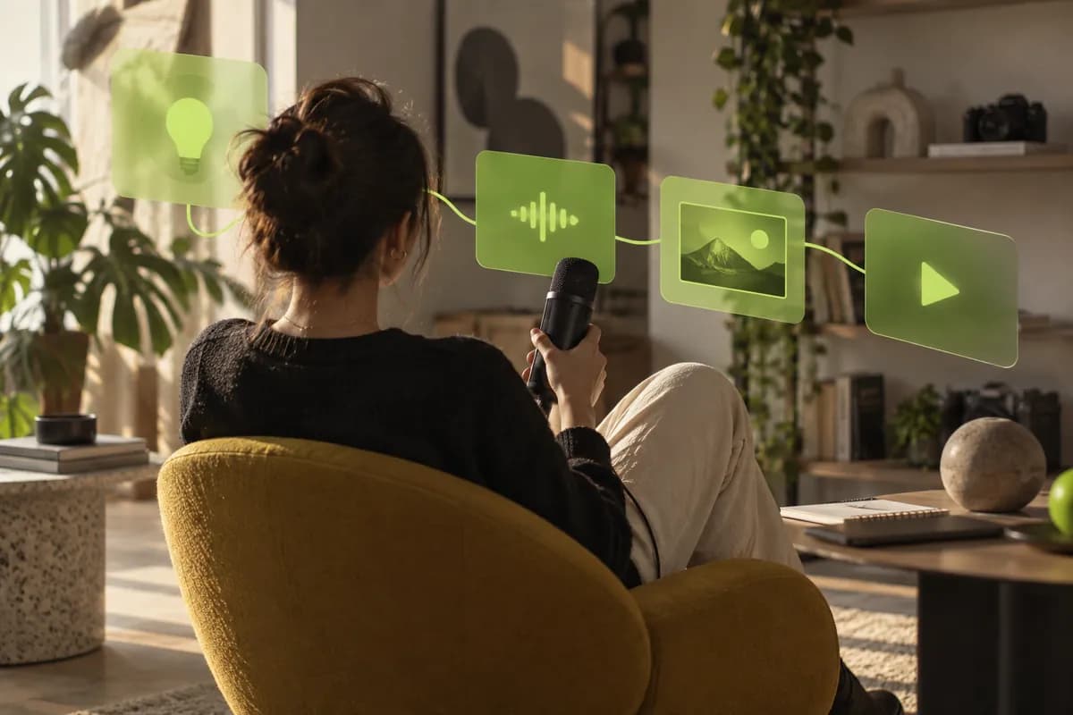 A warm studio scene with a creator holding a microphone while abstract lime panels suggest an idea-to-video workflow
