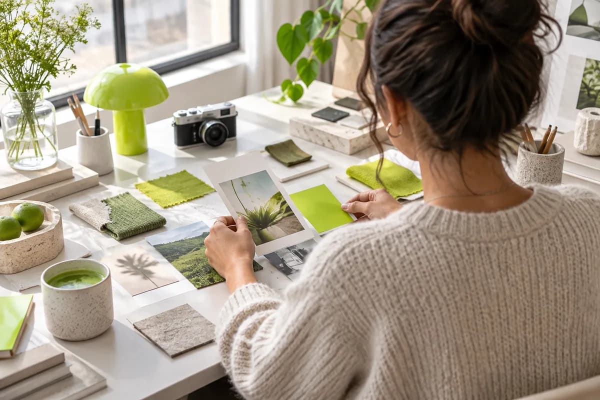 A creator seen from behind at a bright desk surrounded by color swatches, cards, and abstract brand elements