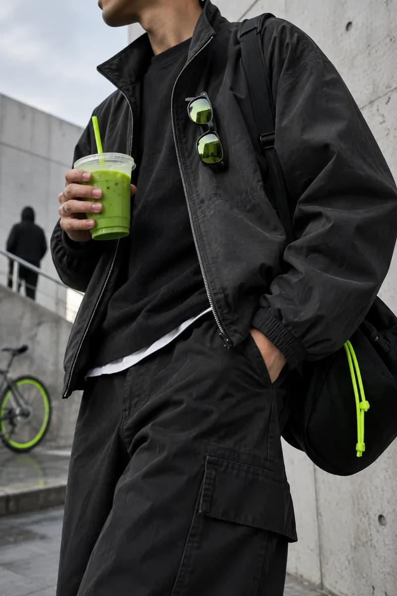 A cropped creator holding a bright green drink outdoors while abstract lime shapes frame a social video concept