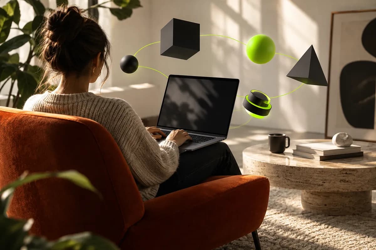 A creative professional seen from behind working on a laptop in a warm studio with abstract workflow forms around the desk