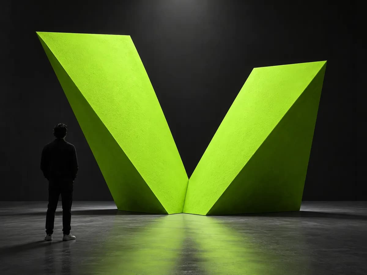 Abstract lime geometric form arranged on a dark studio ground