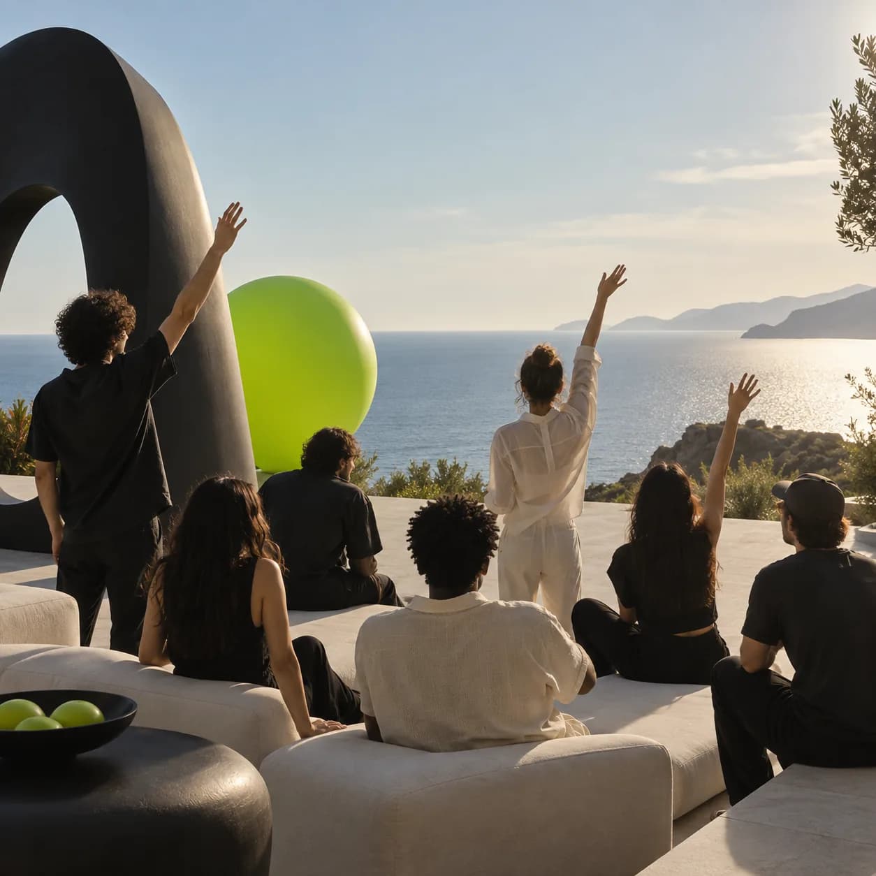 A creative team gathered outdoors on a bright coastal terrace, seen mostly from behind around abstract sculptural forms
