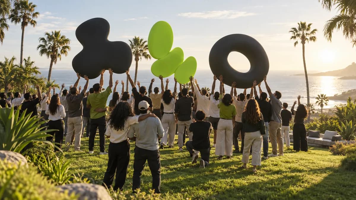 A large creative team gathered outdoors in a bright resort landscape, seen from behind around abstract dark and lime forms