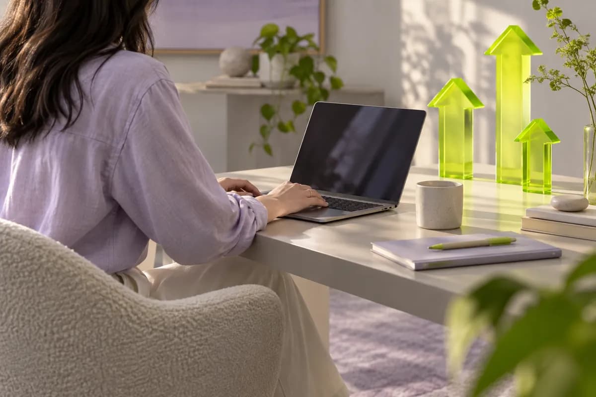 Creator in a lavender shirt with translucent lime arrows and soft studio light
