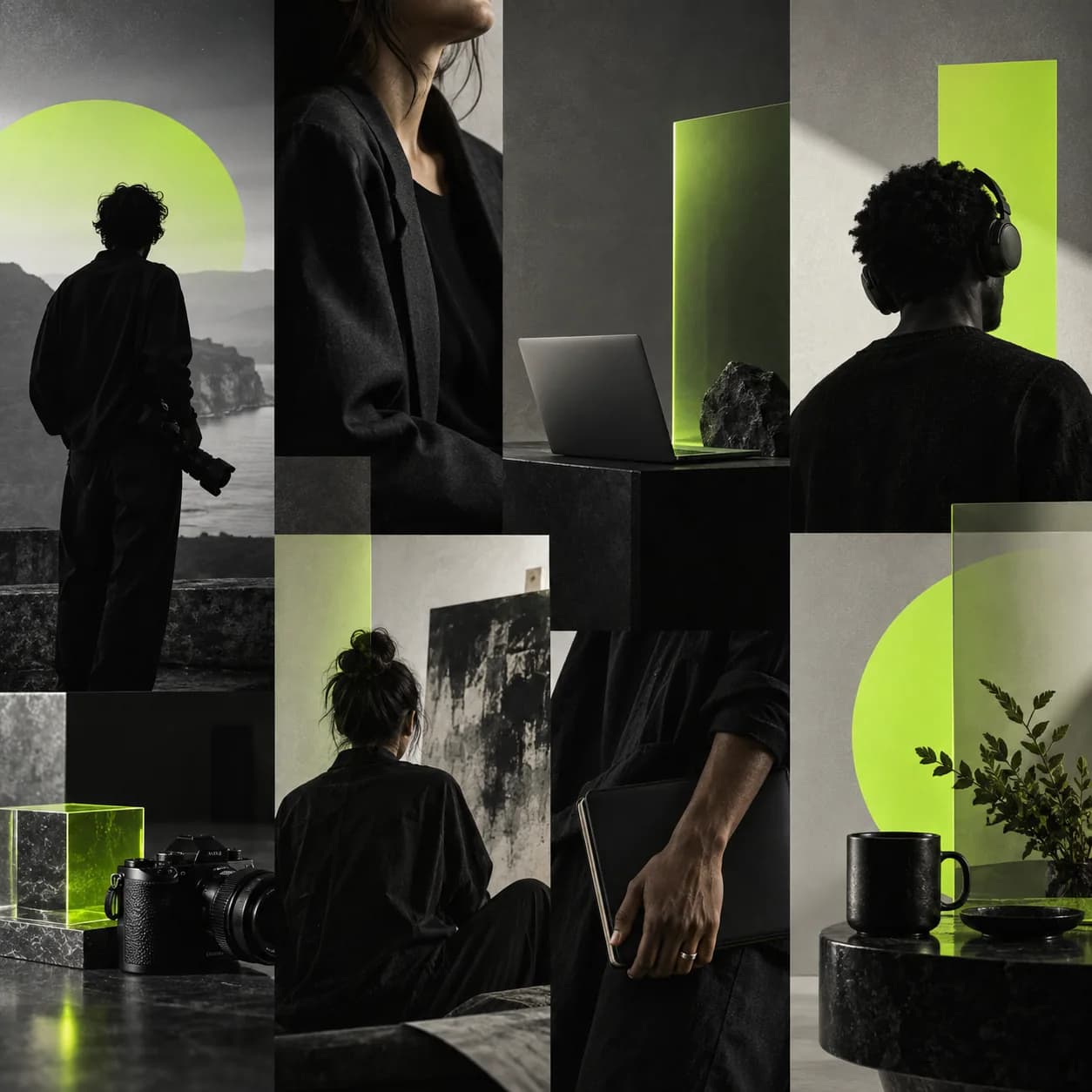 Abstract collage of creator portraits and translucent lime geometric forms on a charcoal ground