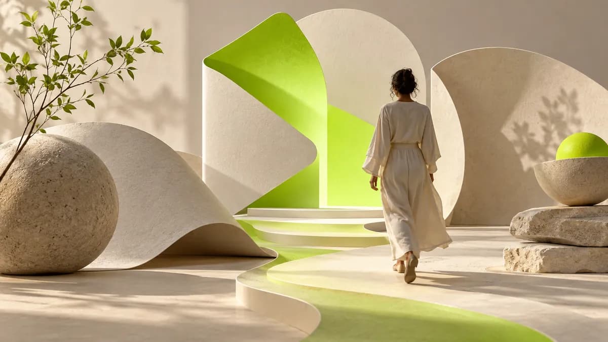 Abstract lime invitation shapes arranged over a soft neutral studio background