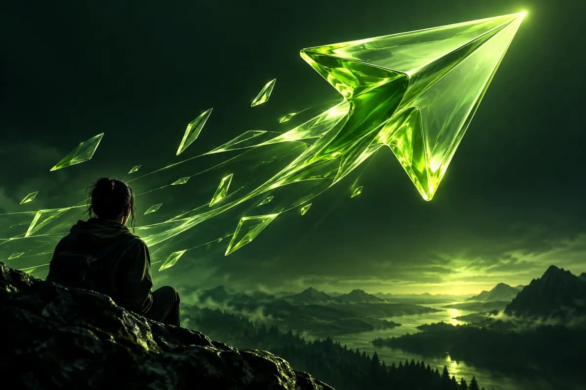 Translucent lime directional sculpture floating over a deep green background