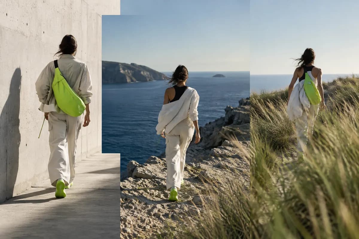 Layered motion study showing a person moving between city and coastal landscapes