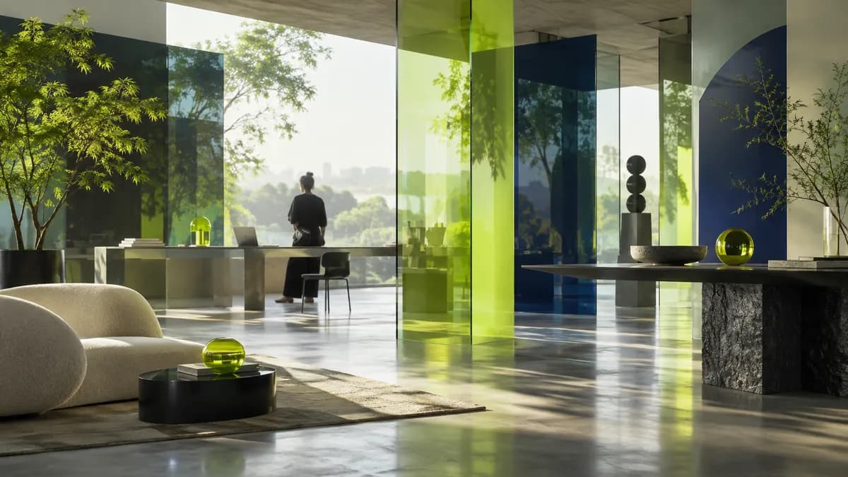 Abstract creative studio scene with layered screens and lime light