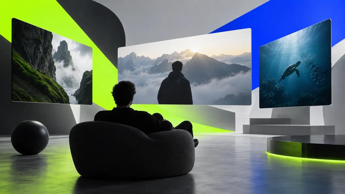 Abstract blue, lime, and gray studio composition with layered forms