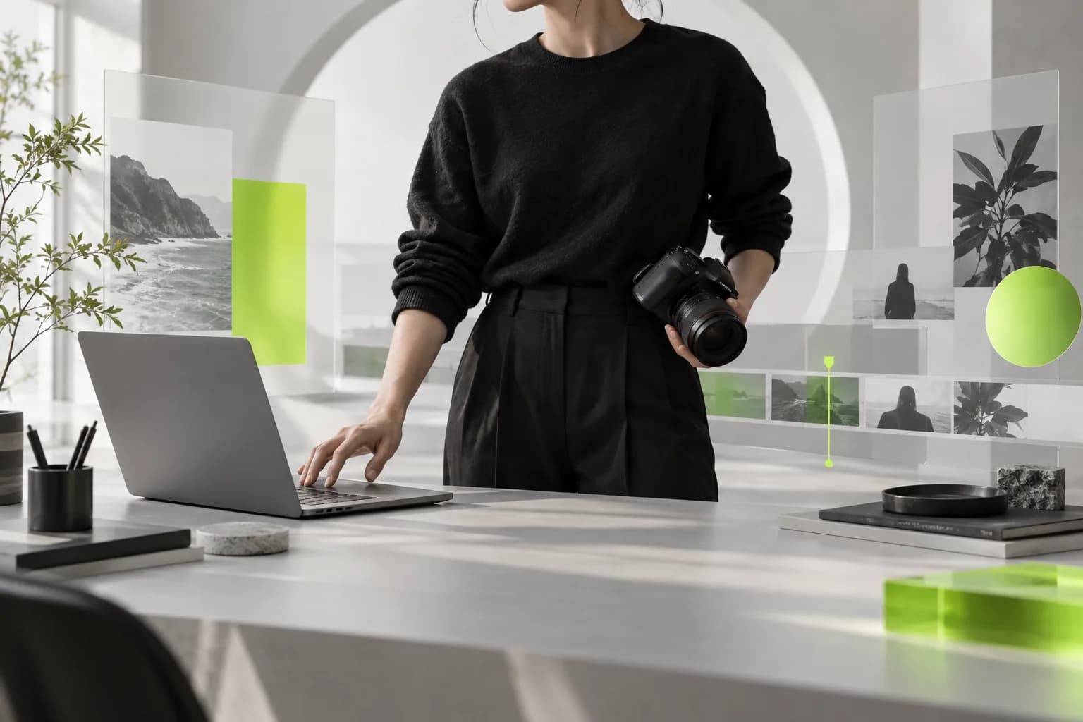 Abstract creative studio scene with a cropped portrait, soft neutral panels, and bright lime accents