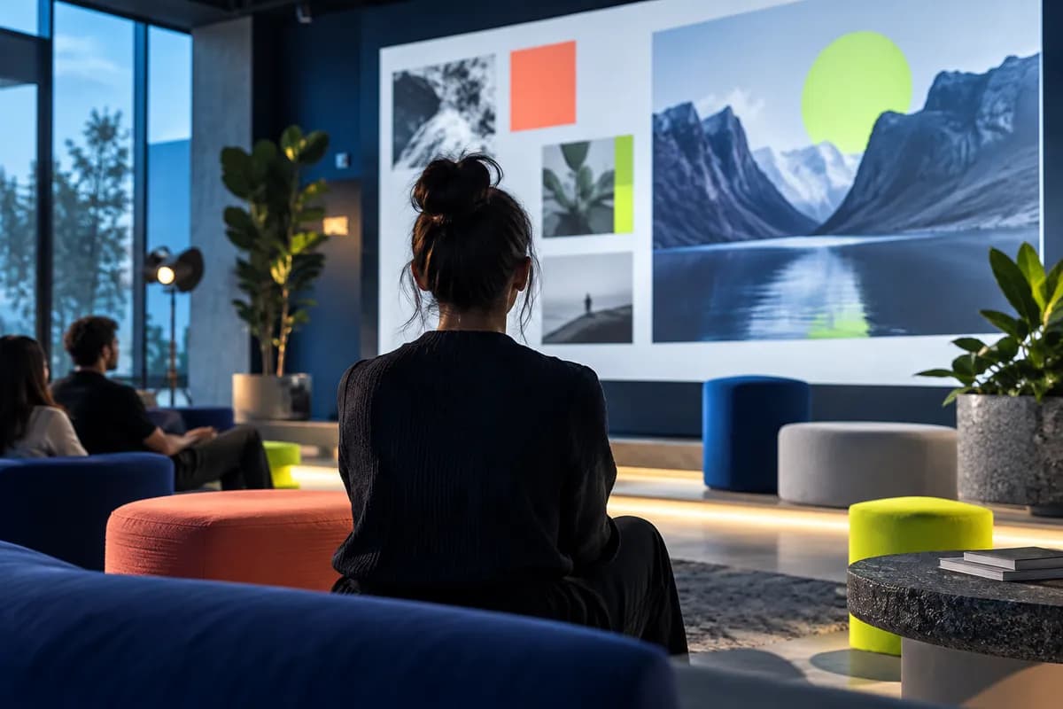 Blue and coral education studio scene with a person shown from behind