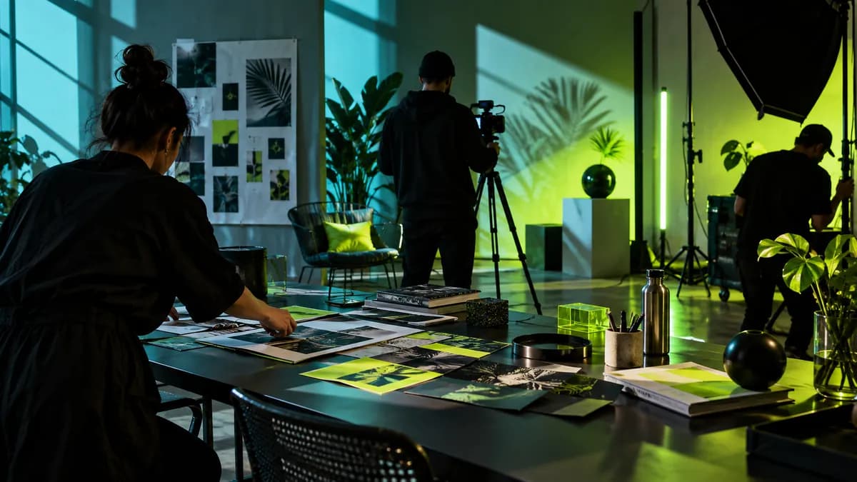 Turquoise social content studio with colorful light and editing materials