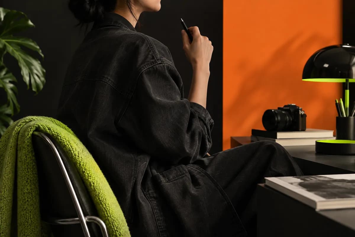 Cropped creative professional in a dark jacket beside a bold orange panel