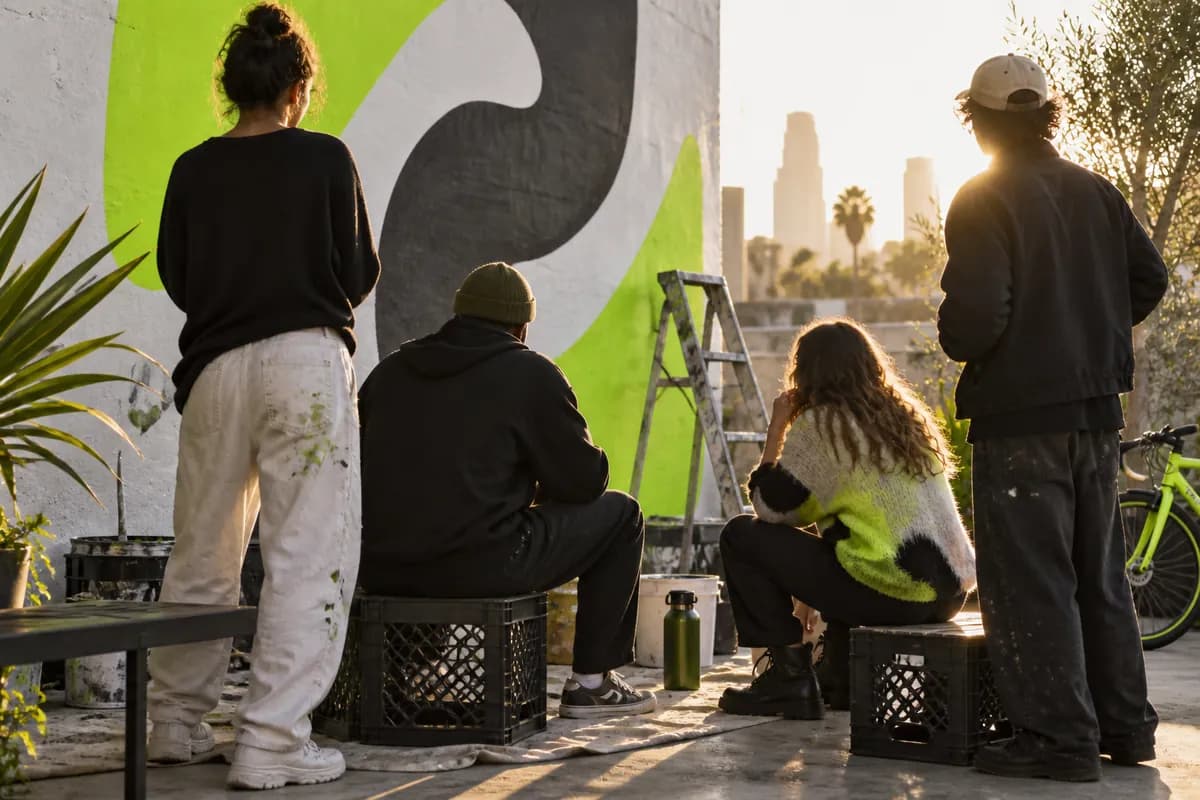 Creative team gathered beside a painted urban wall