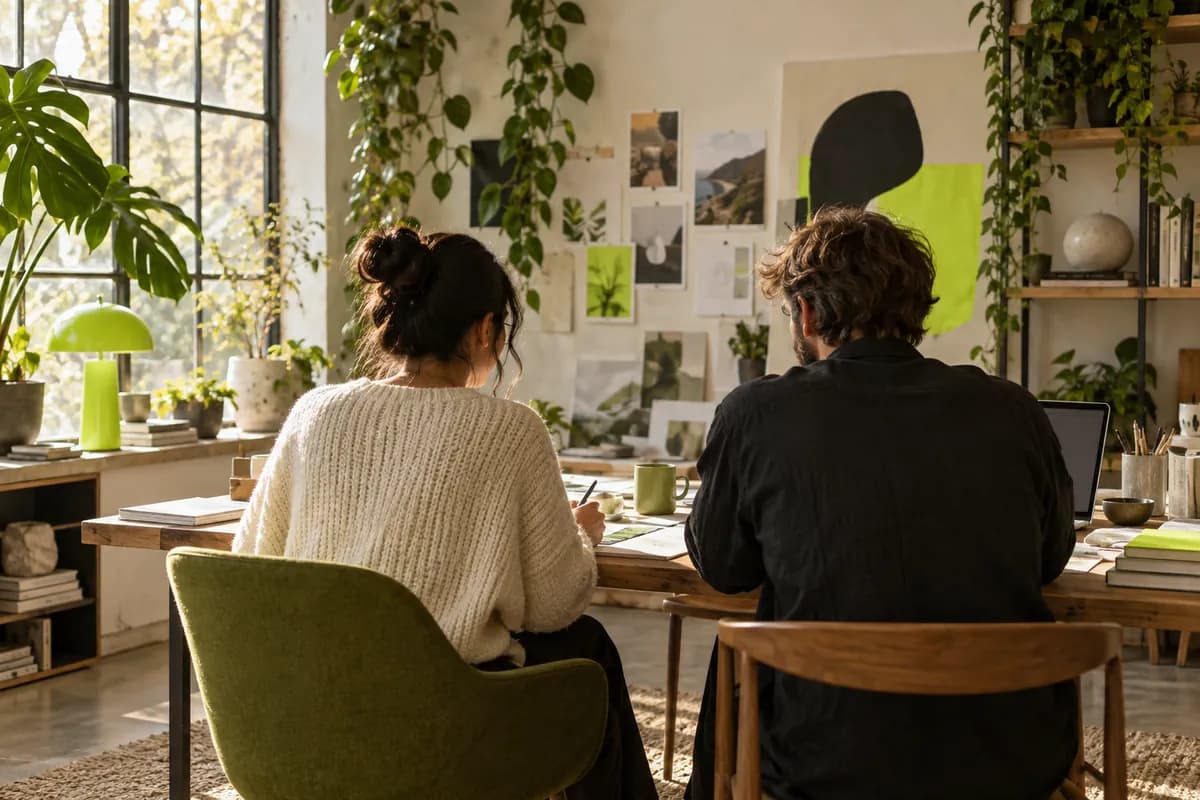 Two silhouetted collaborators relaxing in a plant-filled studio