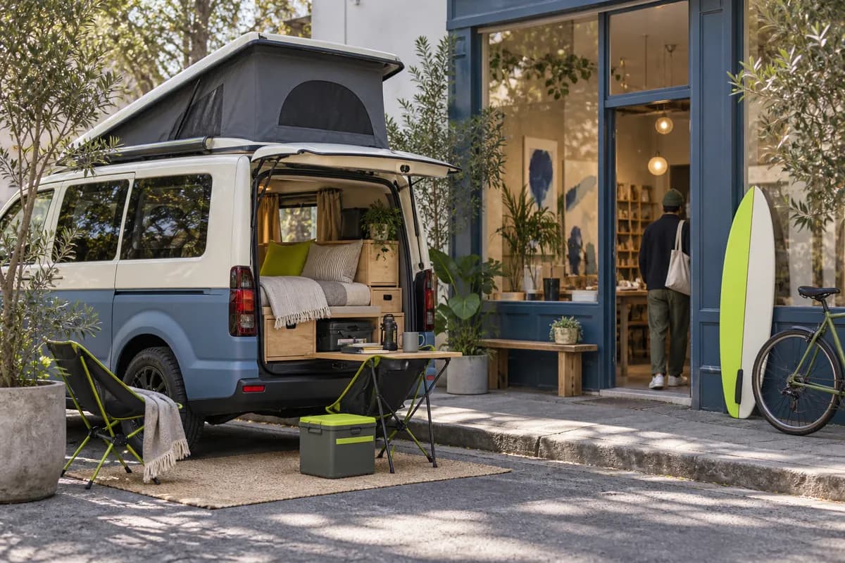 Compact camper van parked outside a colorful studio storefront