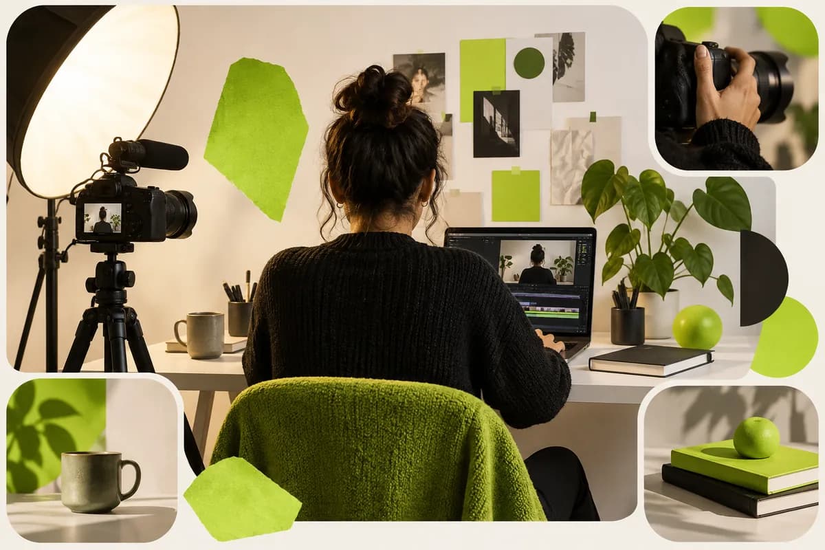 Editorial image of a solo creator working at a compact video studio