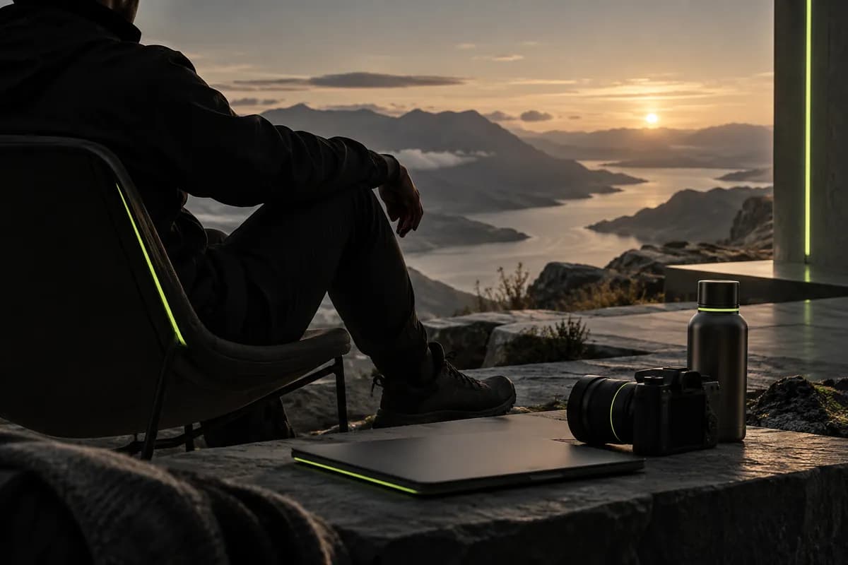 Silhouetted presenter surrounded by a cinematic landscape and framing guides
