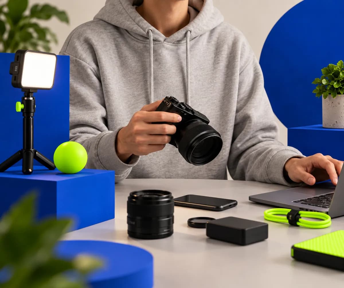 Cropped creator in a soft studio surrounded by bold blue graphic shapes