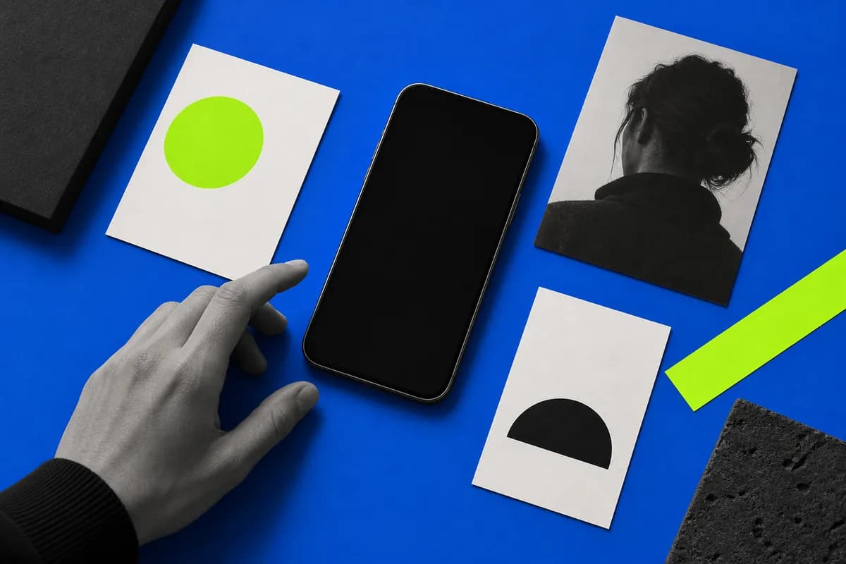 Blank smartphone and caption cards arranged on a cobalt surface