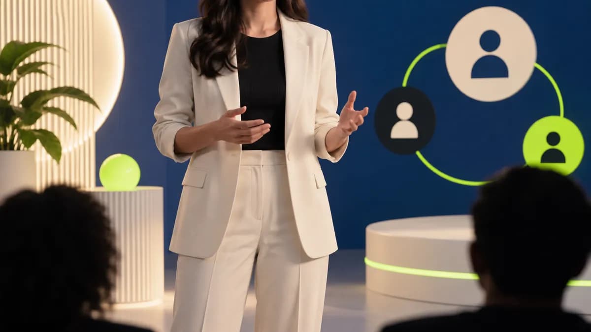 Cropped presenter in a blue studio with social media symbols represented as abstract shapes