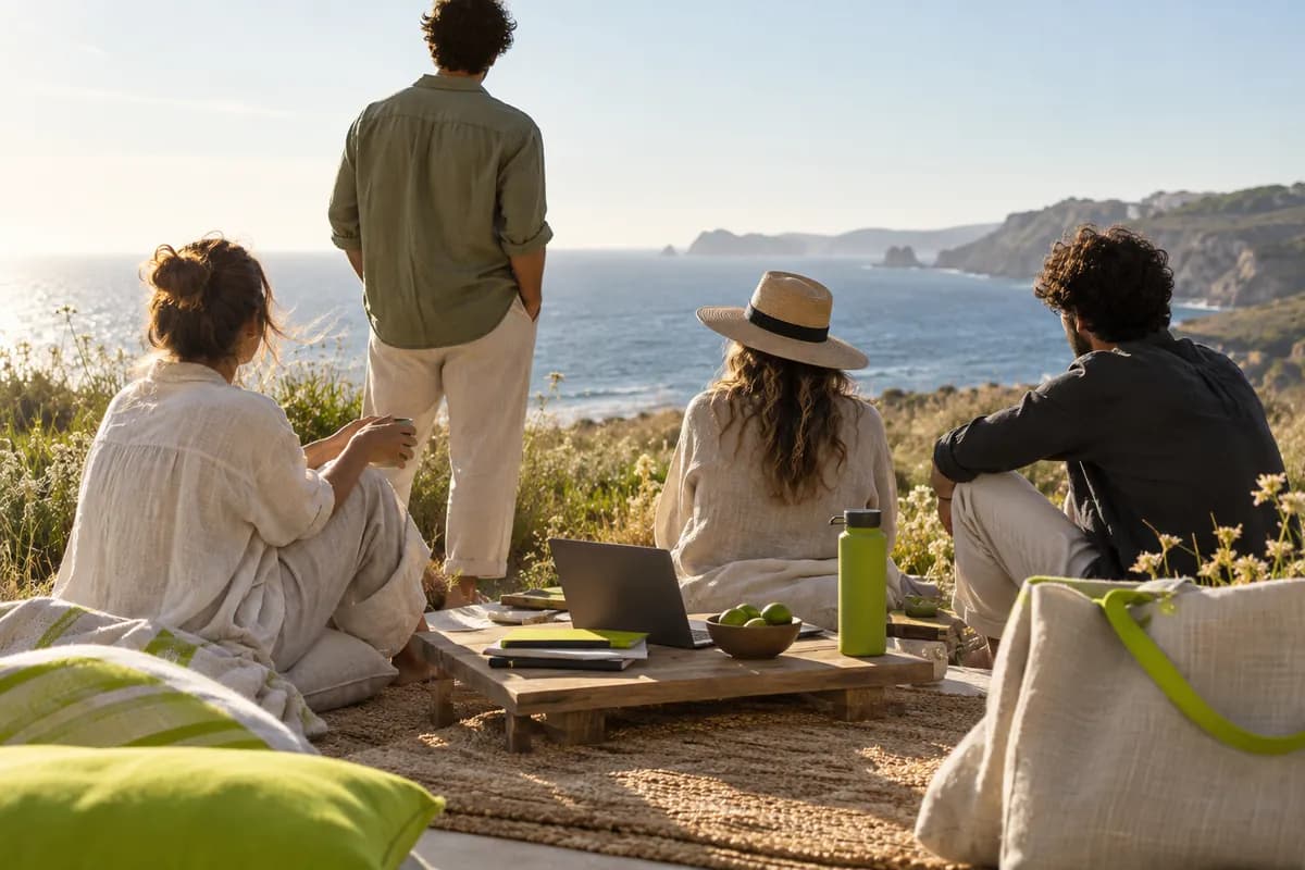 Creative team gathering outdoors with people seen from behind in a bright coastal setting