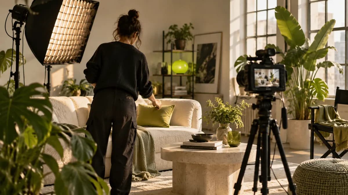 Behind-the-scenes filmmaking setup with a creator seen from behind in a warm studio