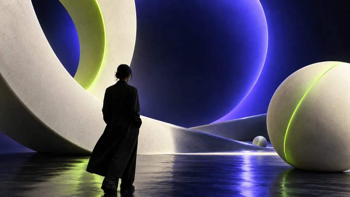 Abstract dark blue and violet motion artwork with oversized cream geometric forms