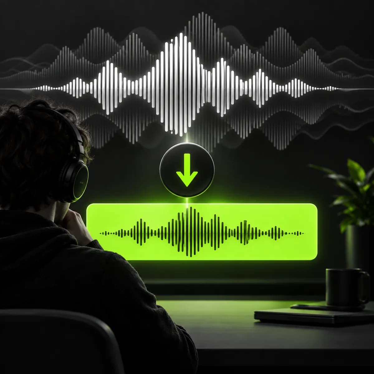 Abstract MP3 conversion artwork with a lime waveform control