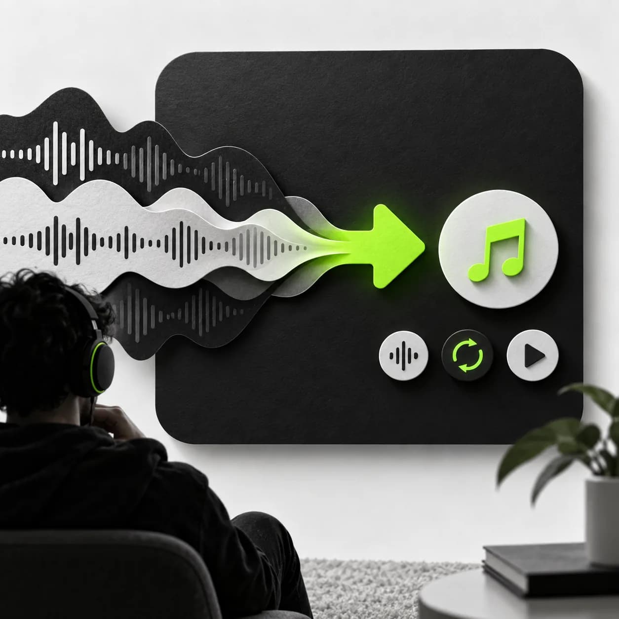 Abstract audio conversion artwork with waveforms and a lime download accent