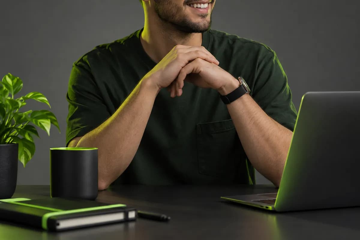Abstract studio portrait of a creator cropped below the chin
