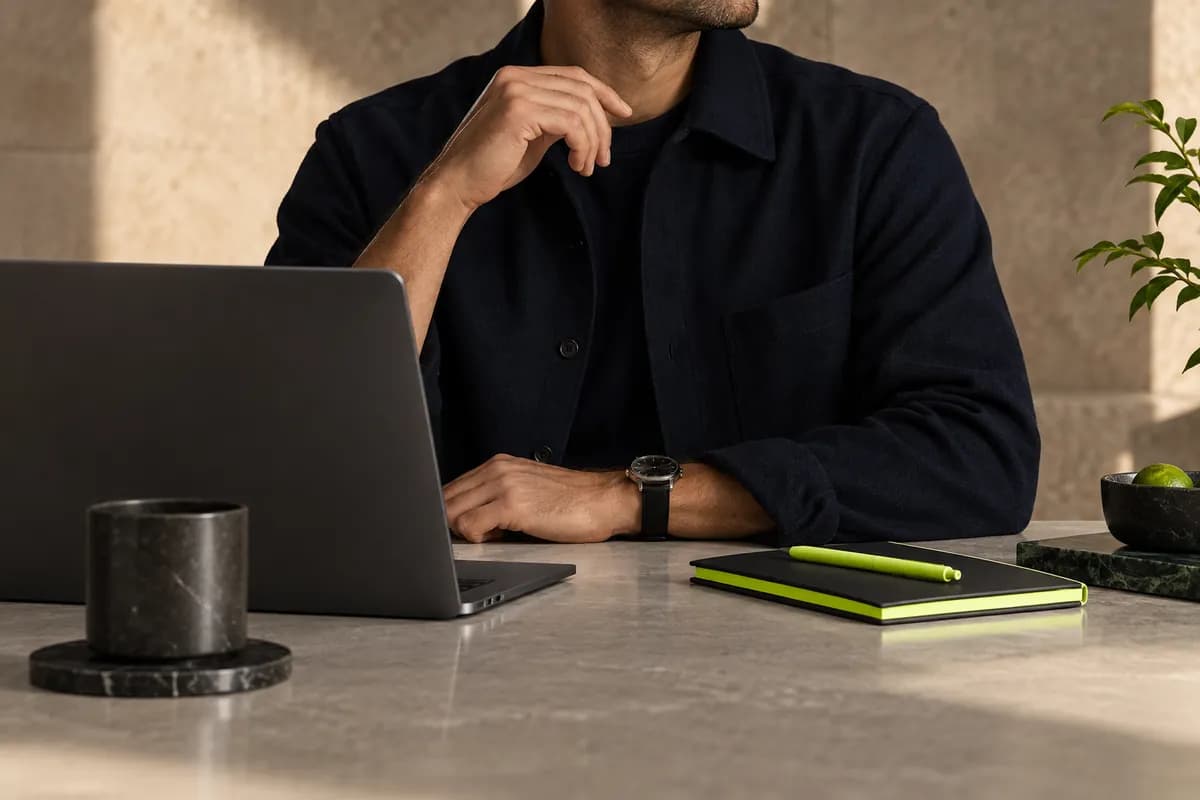 Abstract studio portrait of a marketing lead cropped below the chin