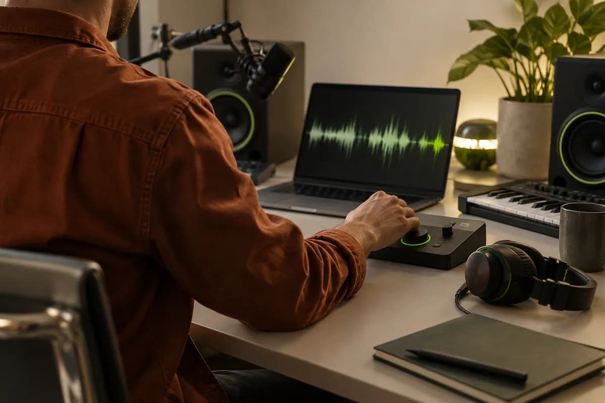Warm editorial view of a creator's audio workflow with a digital waveform treatment