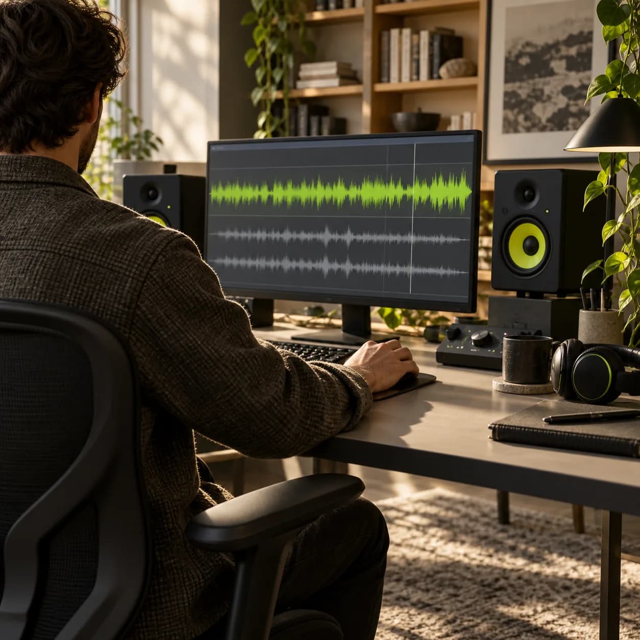 Modern audio editing workspace with a creator working at a desk, shown from behind