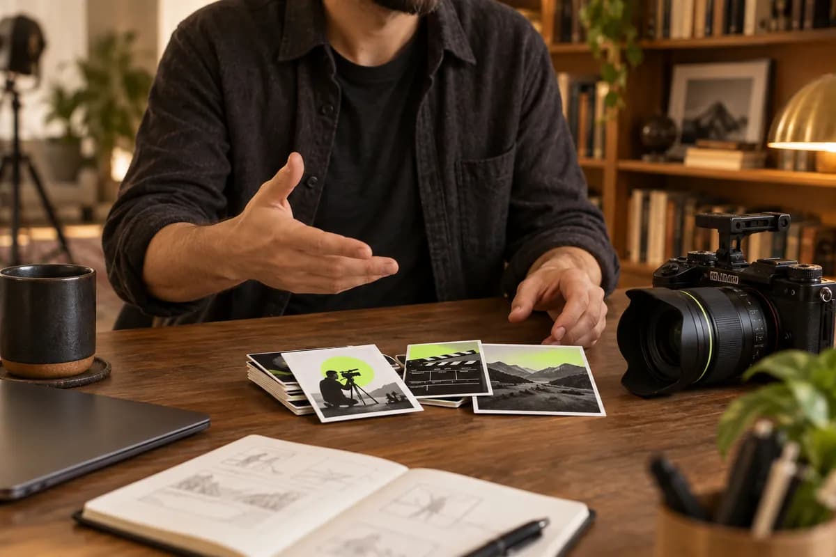 A filmmaker reviewing several video files on a desk