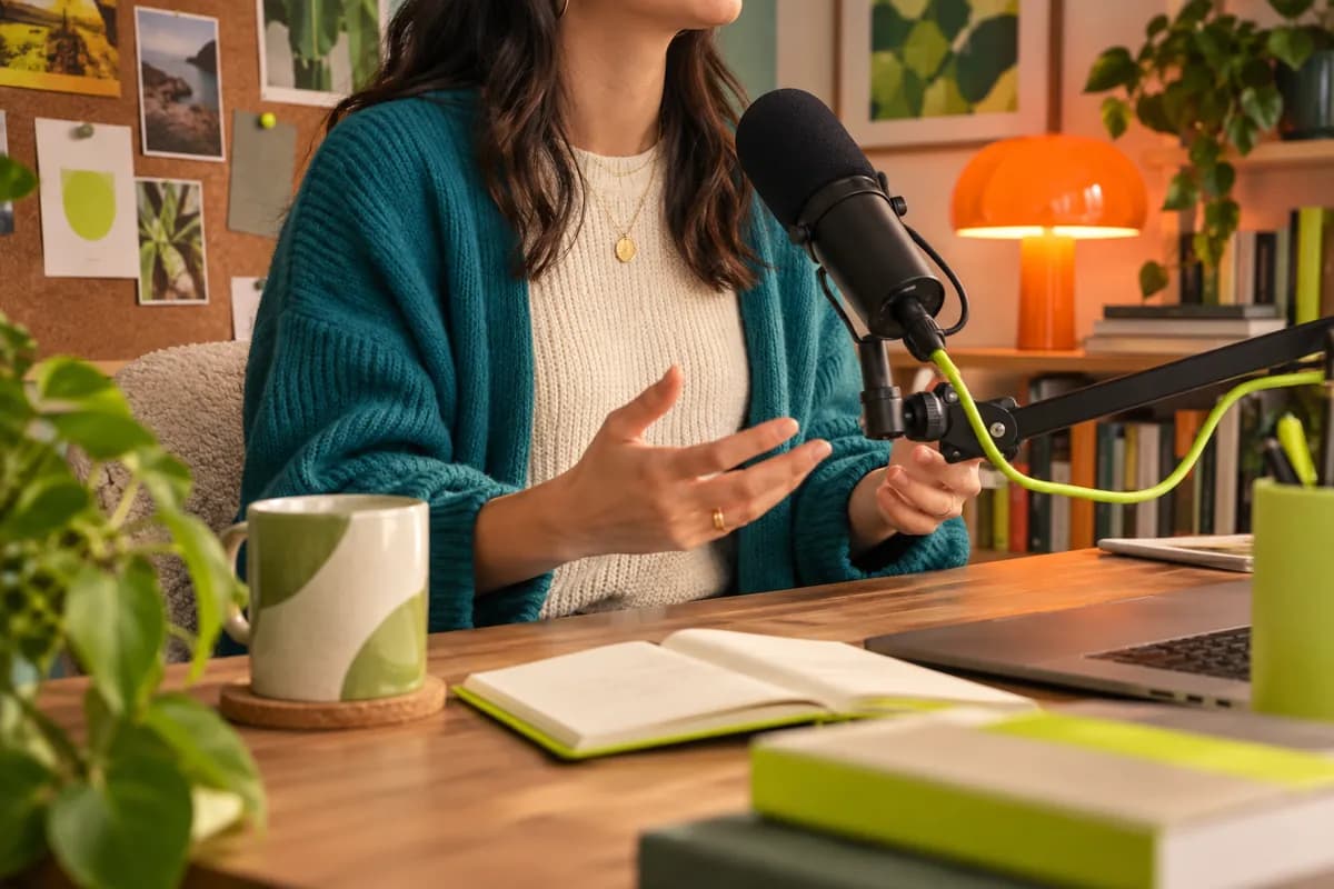 A podcaster editing content in a colorful home studio