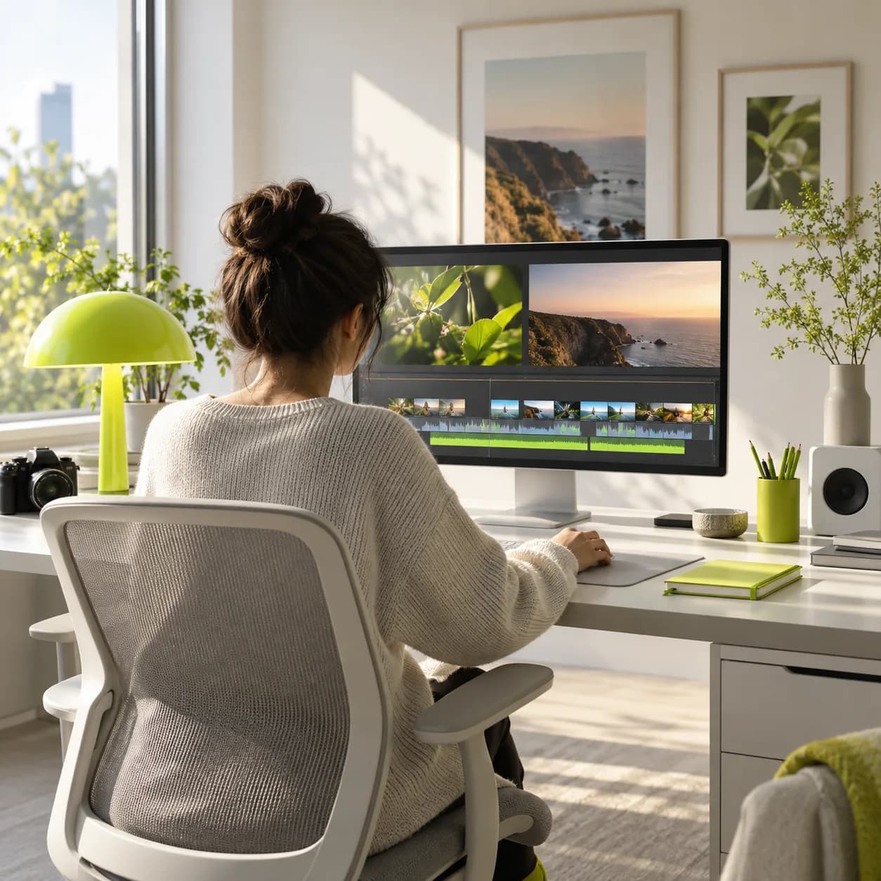 A creative professional reviewing a video project in a softly lit studio