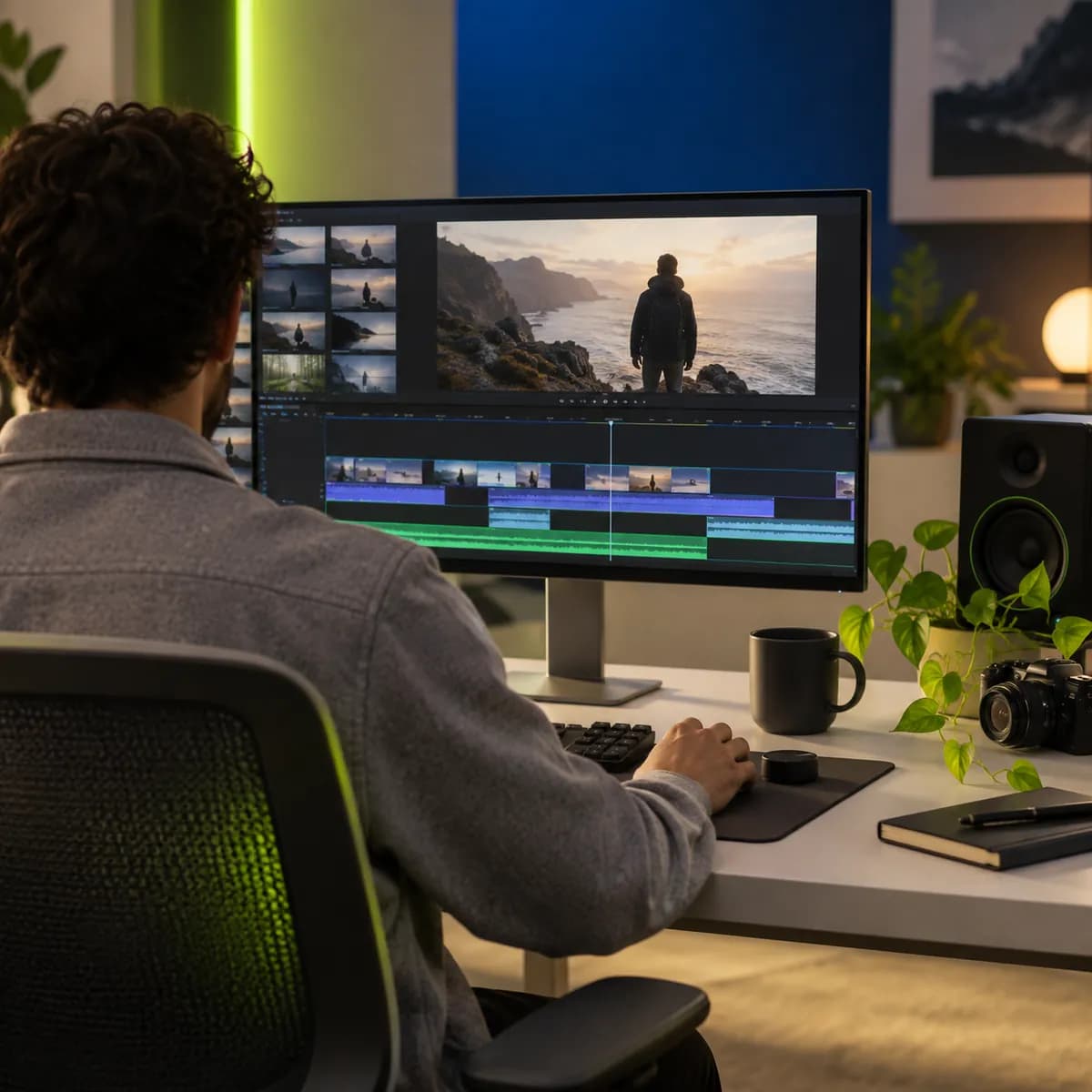 Soft silhouette of a video producer in a neutral editing studio