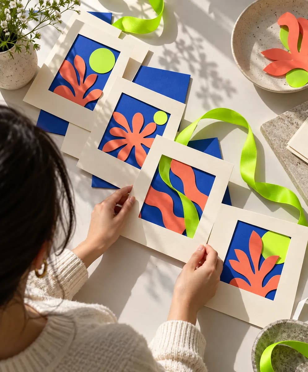 Layered paper frames and colorful motion shapes arranged for a social GIF