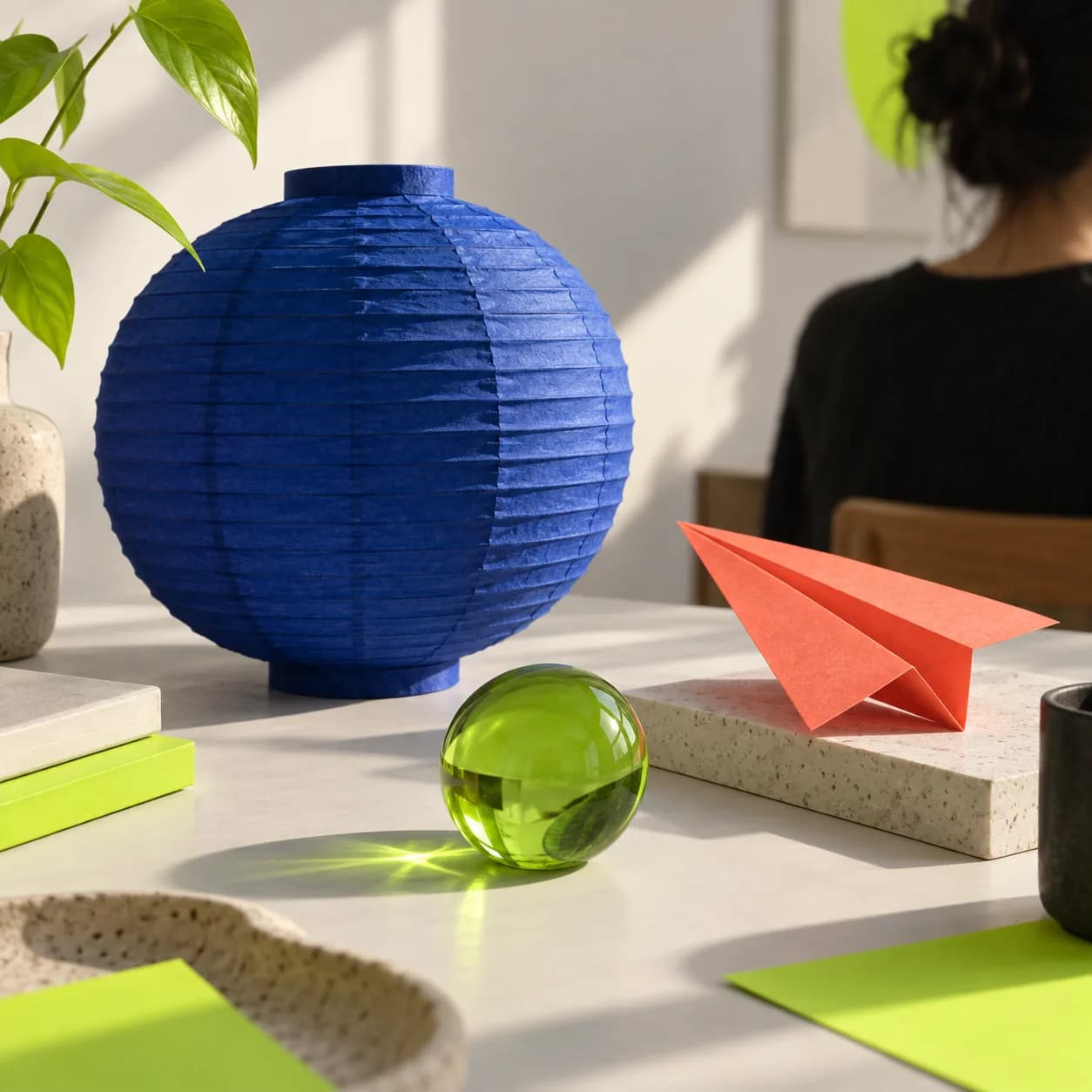 Colorful sculptural desk scene prepared for a GIF export