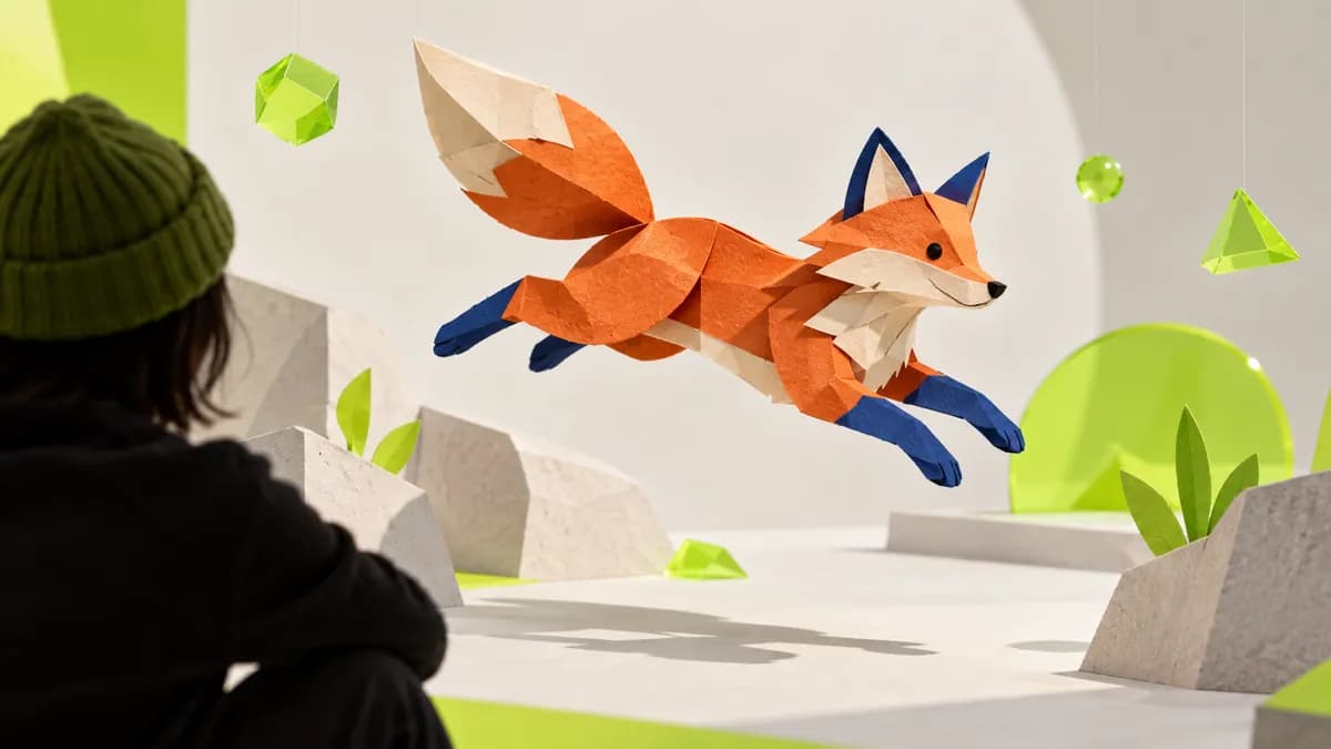 Colorful stop-motion paper fox scene used as a GIF editor demonstration poster