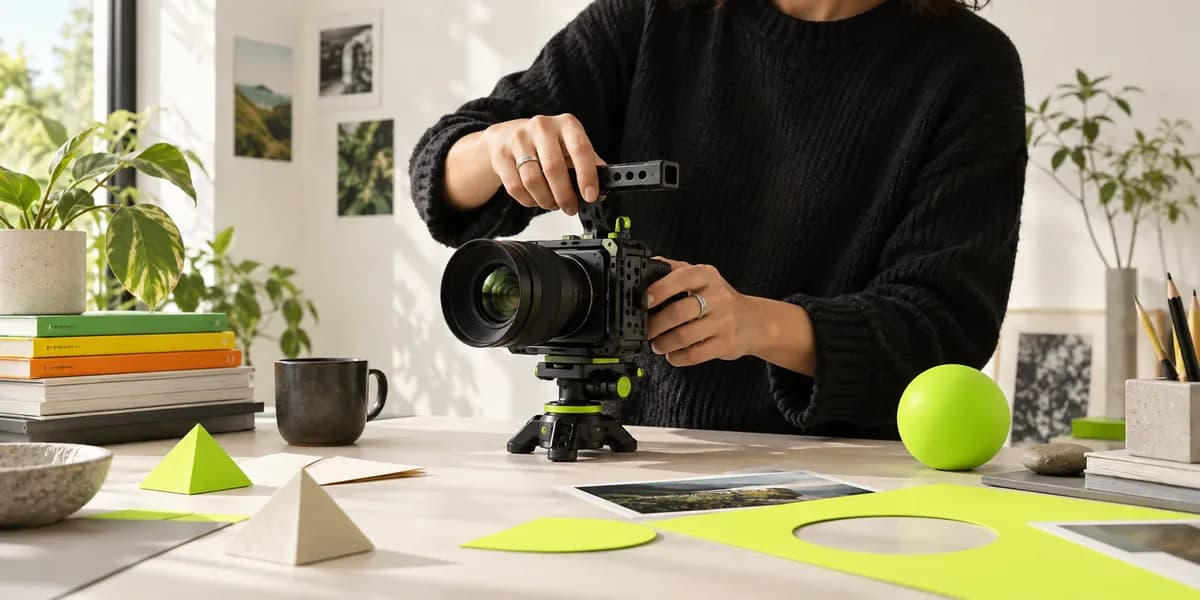 Creative video tutorial scene with a camera and colorful studio materials