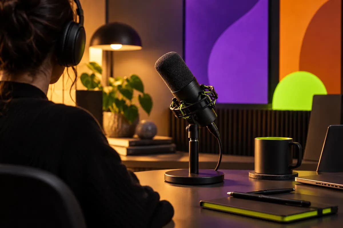 Colorful abstract podcast workspace for creating a memorable video opening