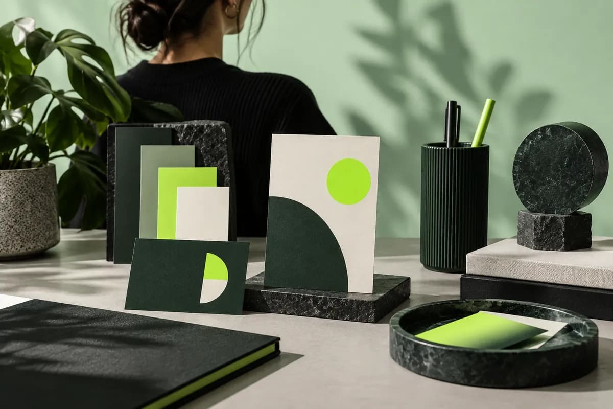 Abstract creator studio scene showing visual identity elements and color swatches