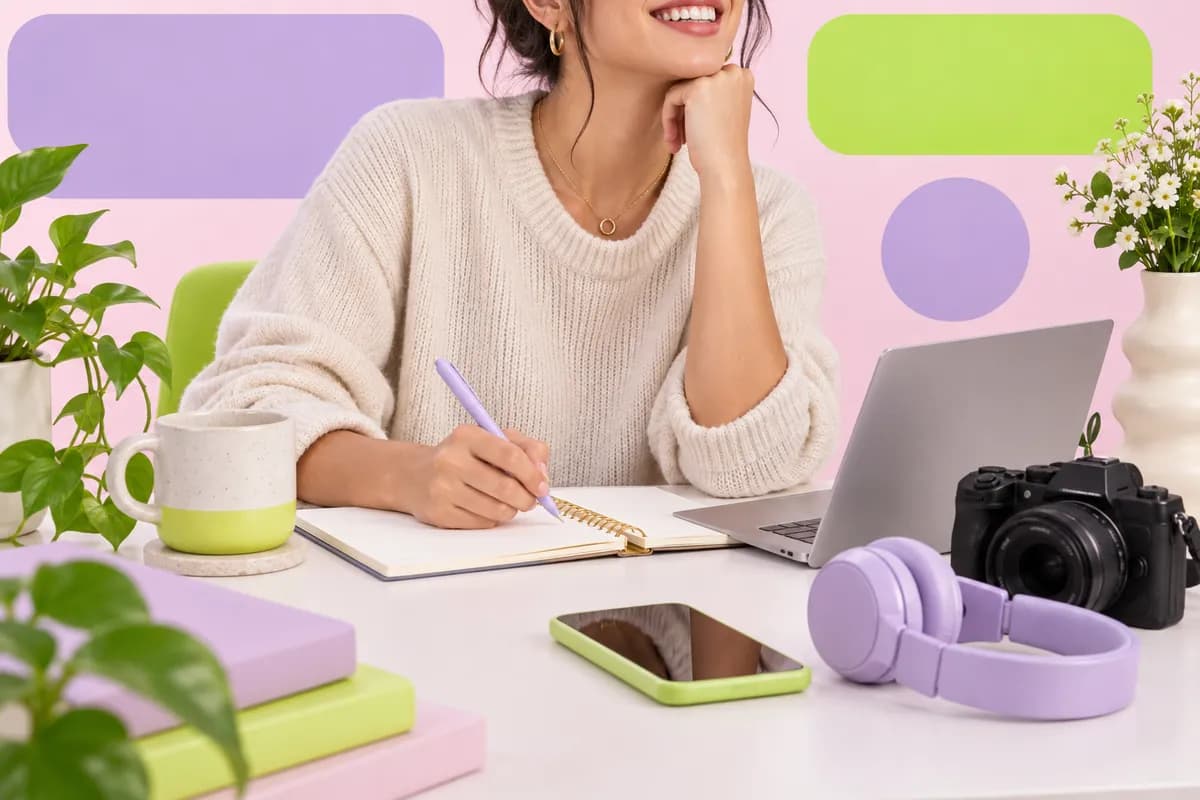 Abstract caption editing scene with a creator cropped below the chin