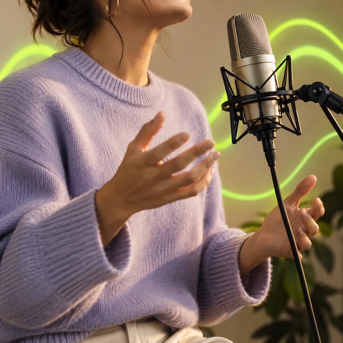 Performer cropped below the chin beside a microphone with a bright abstract lime light pattern