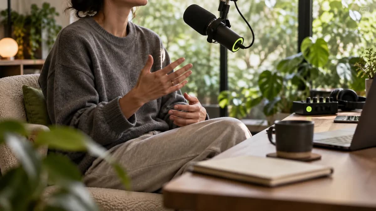 Audio creator cropped below the chin beside a studio microphone and large bright window
