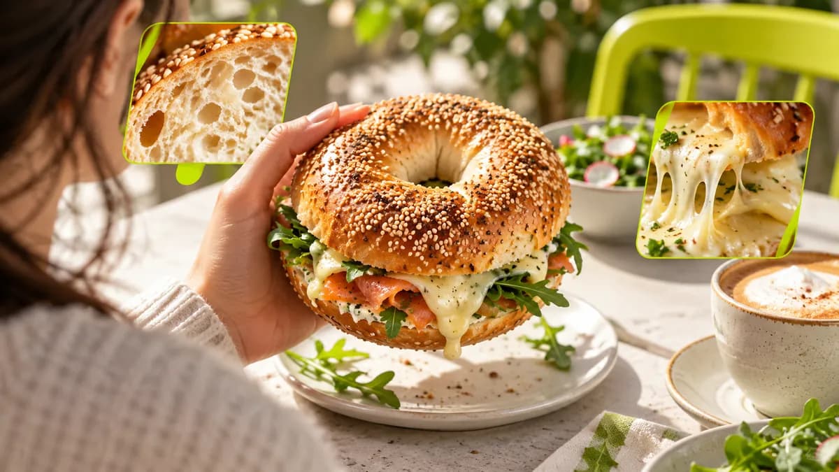Fresh sesame bagel held in a bright editorial food scene with small picture-in-picture frames